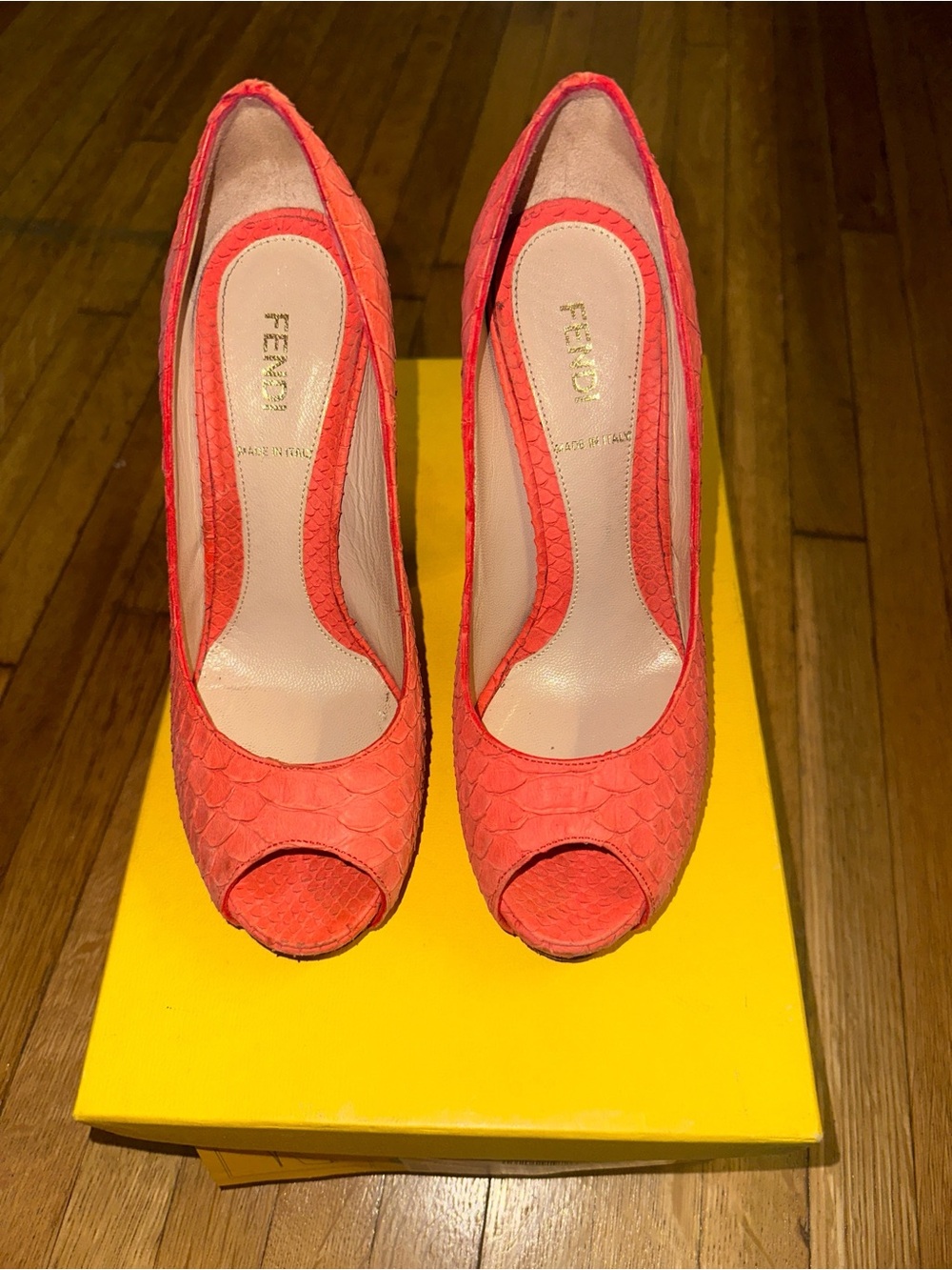 Fendi Coral Textured Peep-Toe Heels